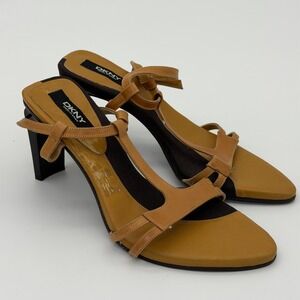 DKNY Womens Tan Leather Strappy Block Heel Sandals‎ Made in Spain Size 6.5 M
